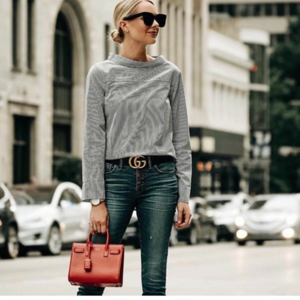 J. Crew Grey Striped Funnel Neck Popover Top